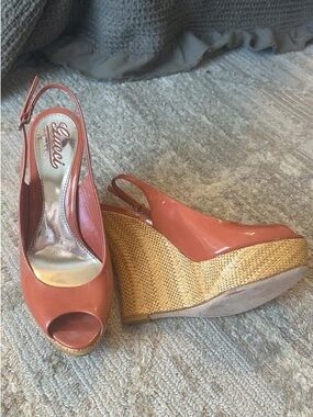 Gucci Coral Patent Peep-Toe Wedge Slingbacks